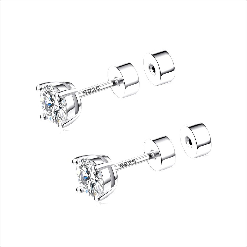 Sterling Silver Flat Back Stud Earrings With Cubic Zirconia Screw Backs